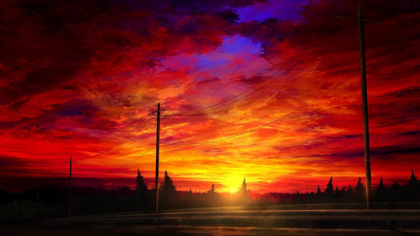 1366x768 Download 1366x768 Anime Sunset, Landscape, Clouds, Sky, Road, Scenic Wallpaper for Laptop, Notebook