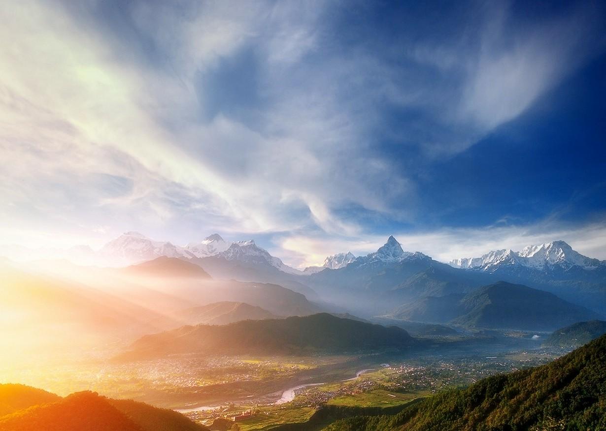 1230x876 nature, Landscape, Mountains, Sunrise, Valley, Mist, River, City, Himalayas, Snowy Peak, Nepal, Clouds Wallpaper HD / Desktop and Mobile Background