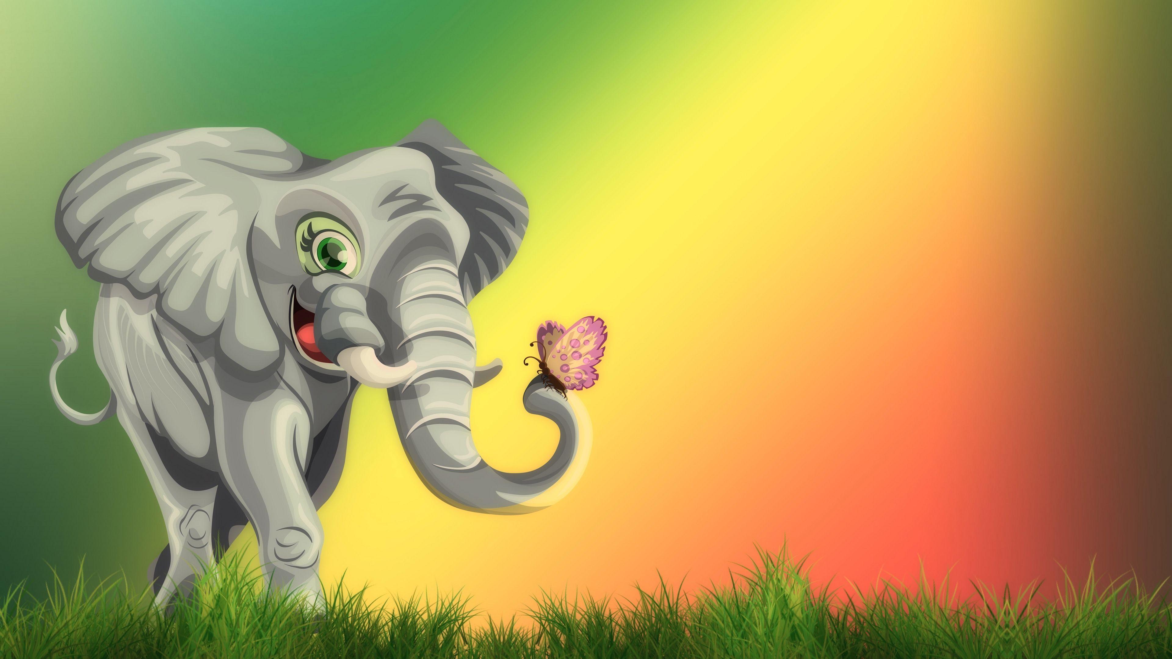 3840x2160 Download wallpaper 3840x2160 elephant, butterfly, cute, art, grass