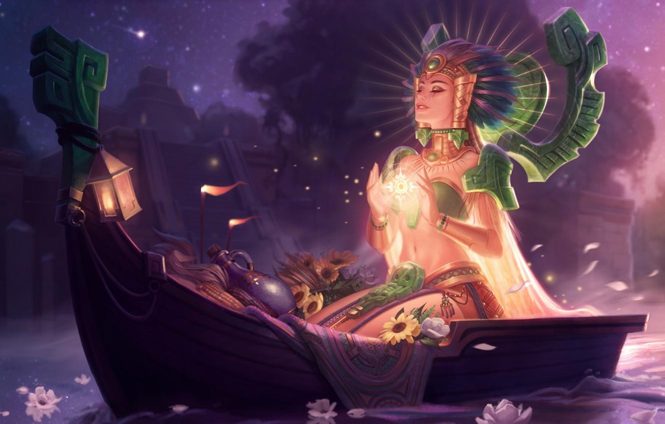 1332x850 Wallpaper night, lights, magic, candles, lantern, pitcher, priestess, goddess, League of Legends, rite, headdress, in the boat, shoulders, Jessica Oyhenart, Sun Goddess Karma image for desktop, section игры