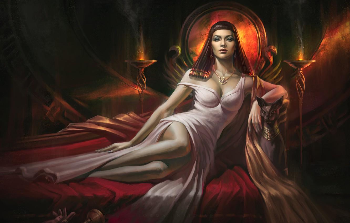 1332x850 Wallpaper cat, girl, art, bed, Priestess, Max Yenin image for desktop, section фантастика