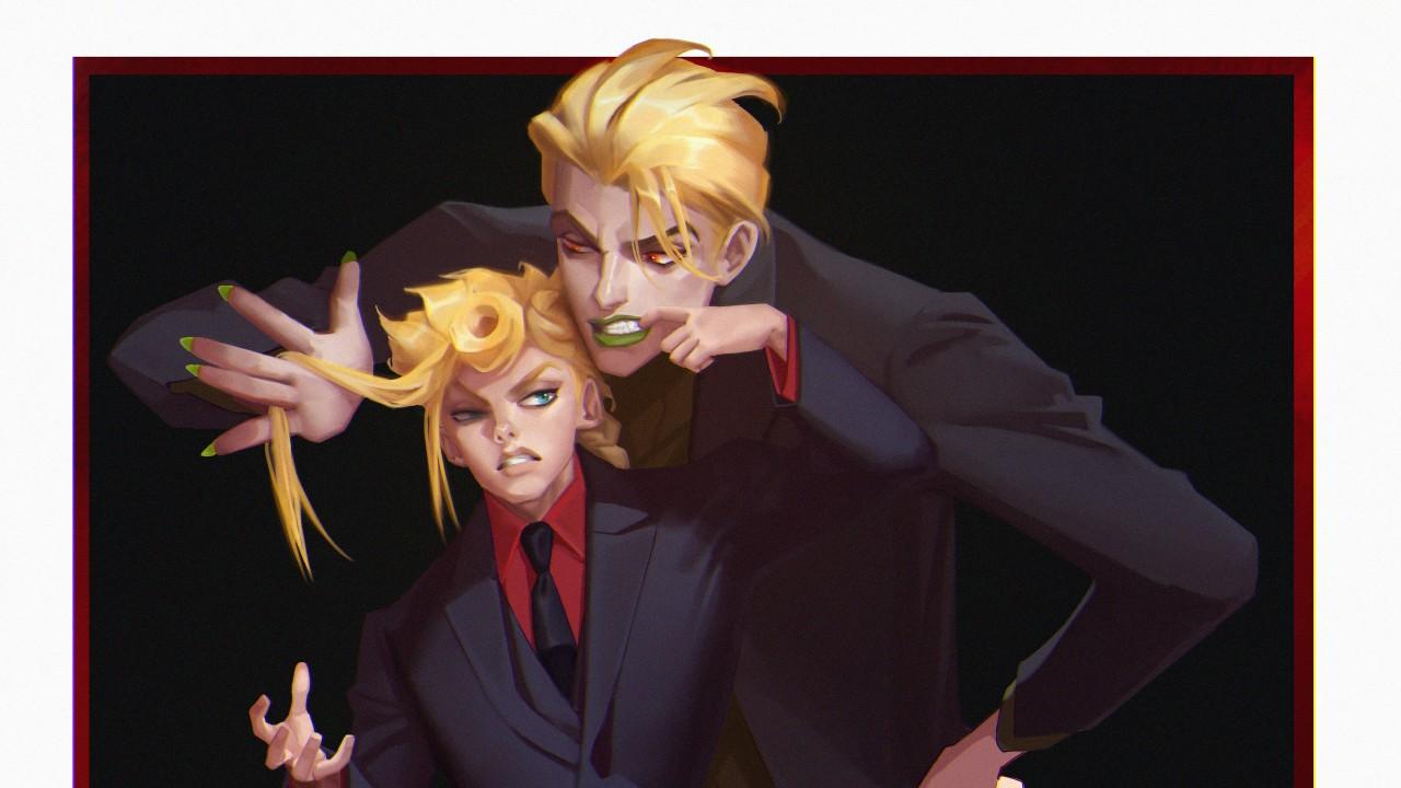 1280x720 Jojo Boy Dio Brando And Giorno Giovanna Wearing Suits With Black Blackground And Surrounding Red Line 4K HD Anime Wallpaper