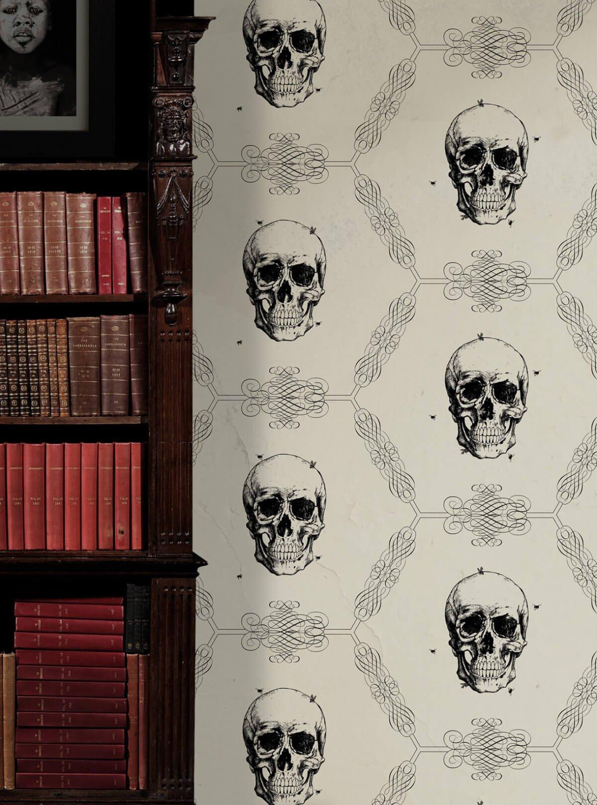 1200x1618 Skull & Bee Wallpaper in Bone from the Kingdom Home Collection