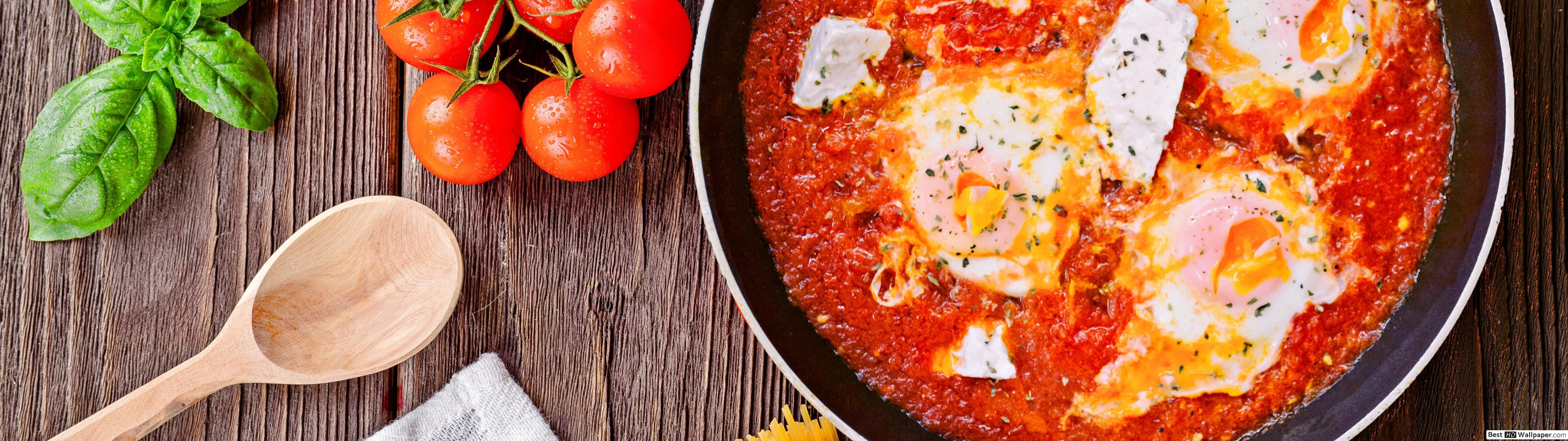 4800x1350 Spaghetti sauce in a pan surrounded with tomatoes and pasta HD wallpaper download