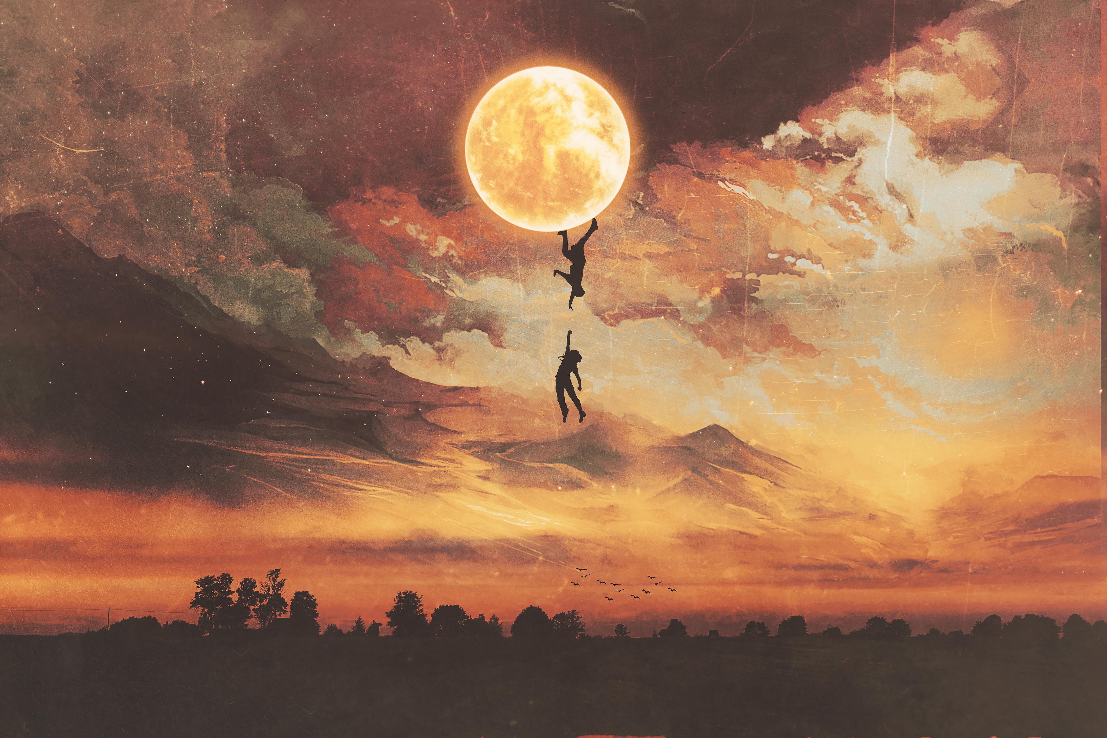 3840x2560 Moon Wallpaper 4K, Falling, Couple, Silhouette, Surreal, Fantasy