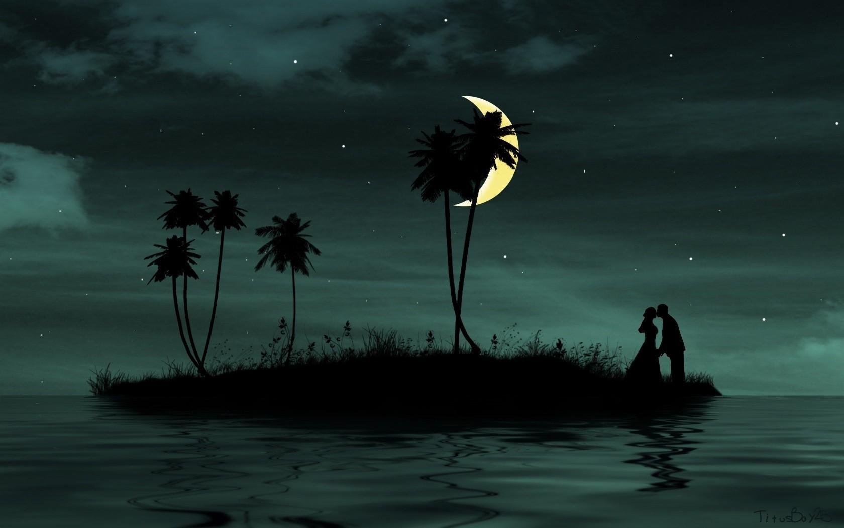 1680x1050 1680x1050 Couple, Moon, Island, Palm, Sea wallpaper JPG
