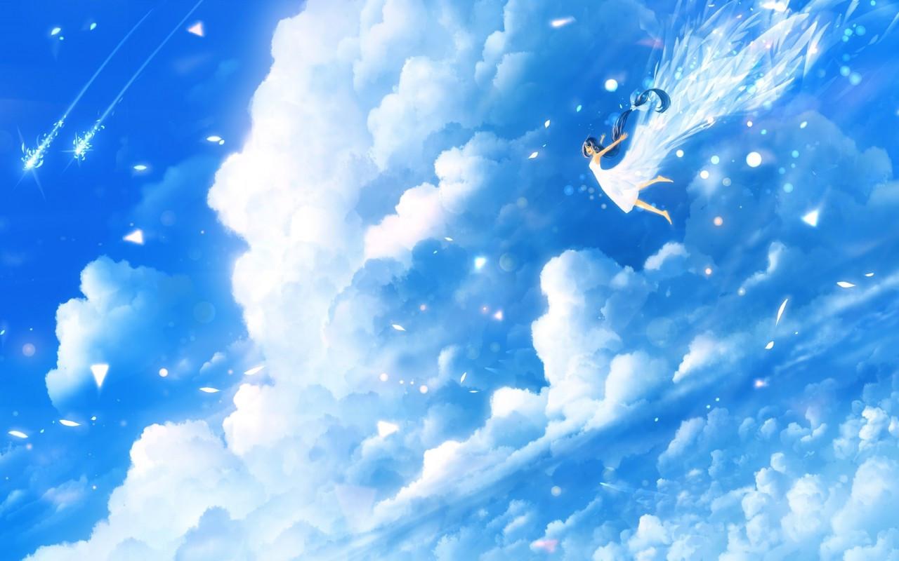 1280x800 Download 1280x800 Anime Girl, Flying, Sky, Clouds, Light Dress, Leaves Wallpaper for Motorola Xoom, MacBook Pro 13