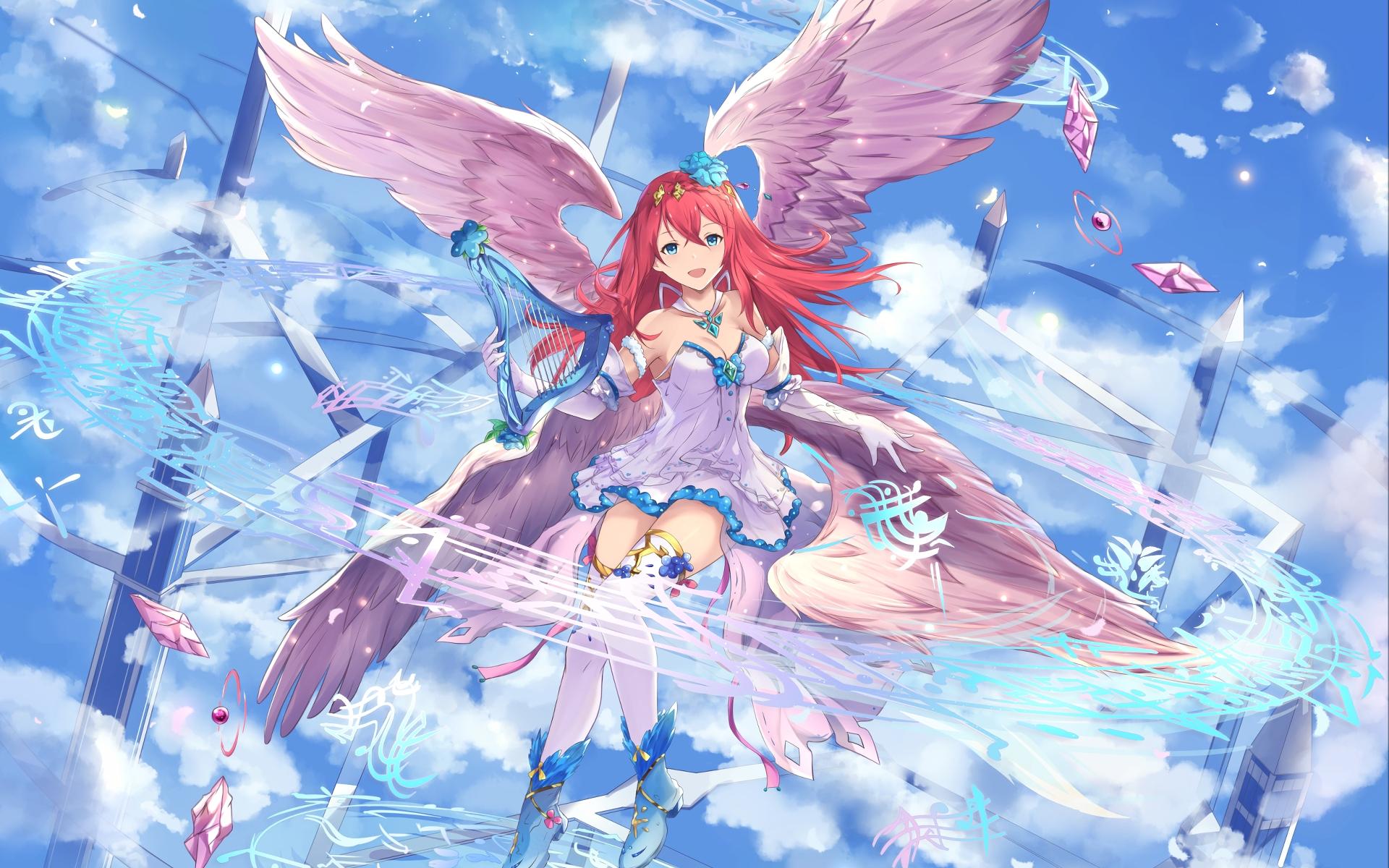 1920x1200 Desktop Wallpaper Red Head, Anime Girl, Wings, Fly, HD Image, Picture, Background, Adhmrt