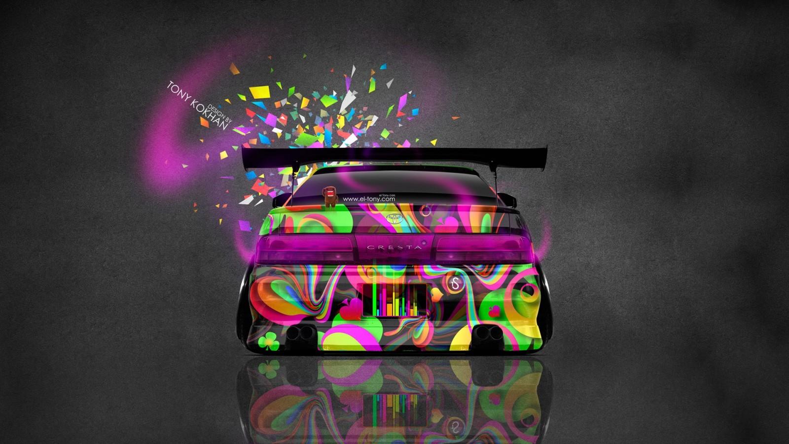 1600x900 colorful, illustration, neon, Super Car, Tony Kokhan, Toyota Cresta, color, screenshot, computer wallpaper, font. Mocah HD Wallpaper