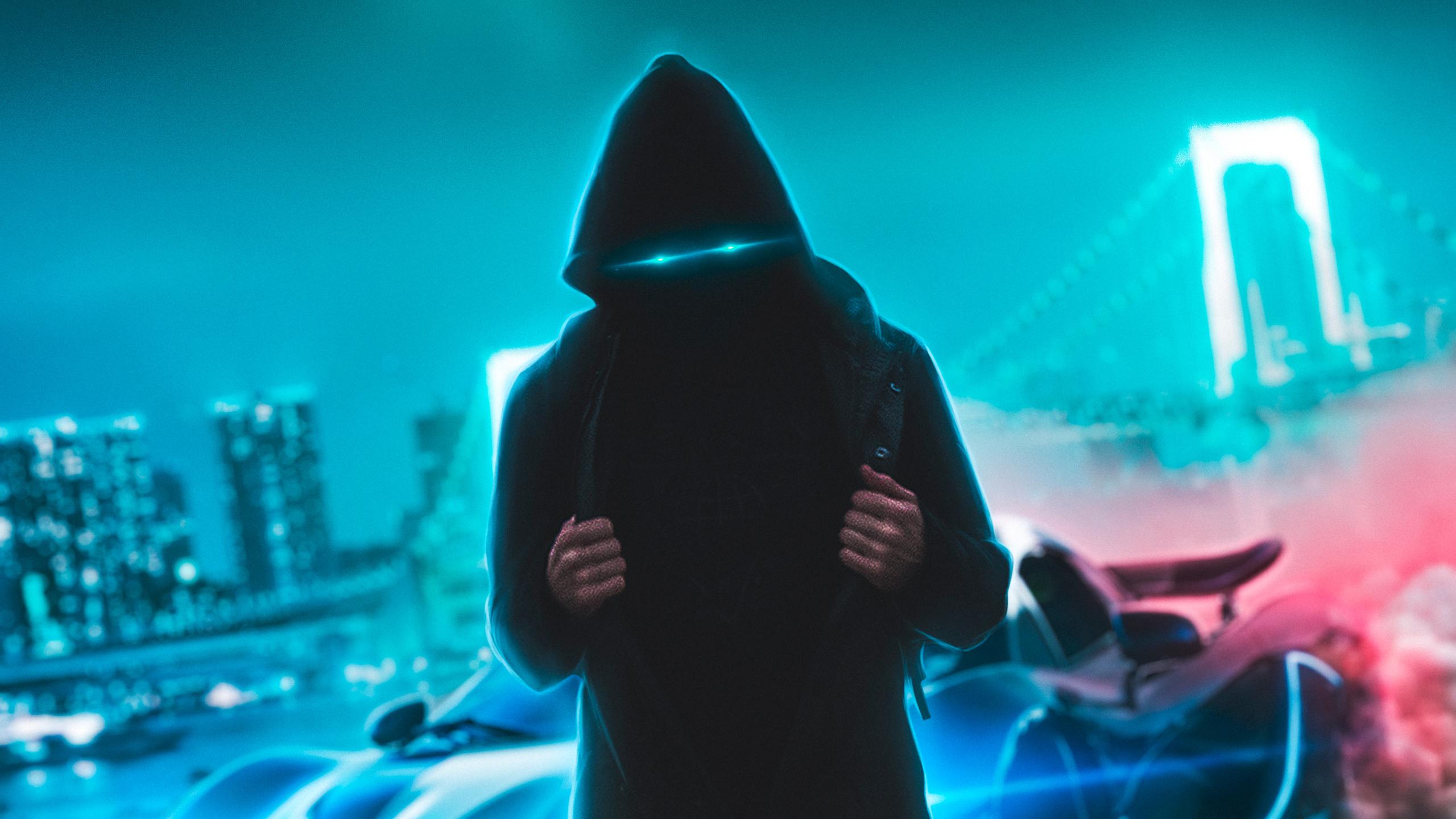 2560x1440 Neon Eyes Hoodie Guy With Sport Car 1440P Resolution HD 4k Wallpaper, Image, Background, Photo and Picture