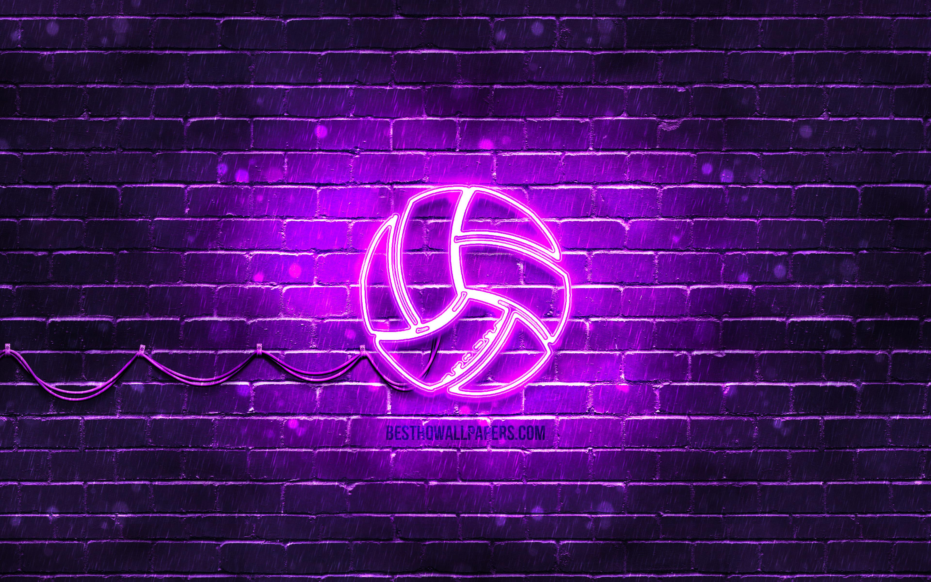 3840x2400 Download wallpaper Volleyball neon icon, 4k, violet background, neon symbols, Volleyball, neon icons, Volleyball sign, sports signs, Volleyball icon, sports icons for desktop with resolution 3840x2400. High Quality HD picture wallpaper