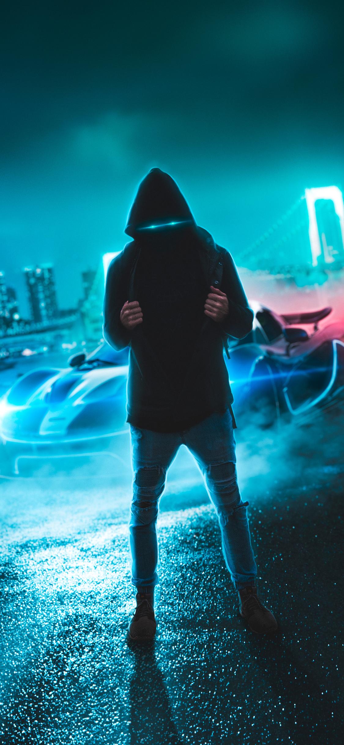 1125x2436 Neon Eyes Hoodie Guy With Sport Car iPhone XS, iPhone iPhone X HD 4k Wallpaper, Image, Background, Photo and Picture
