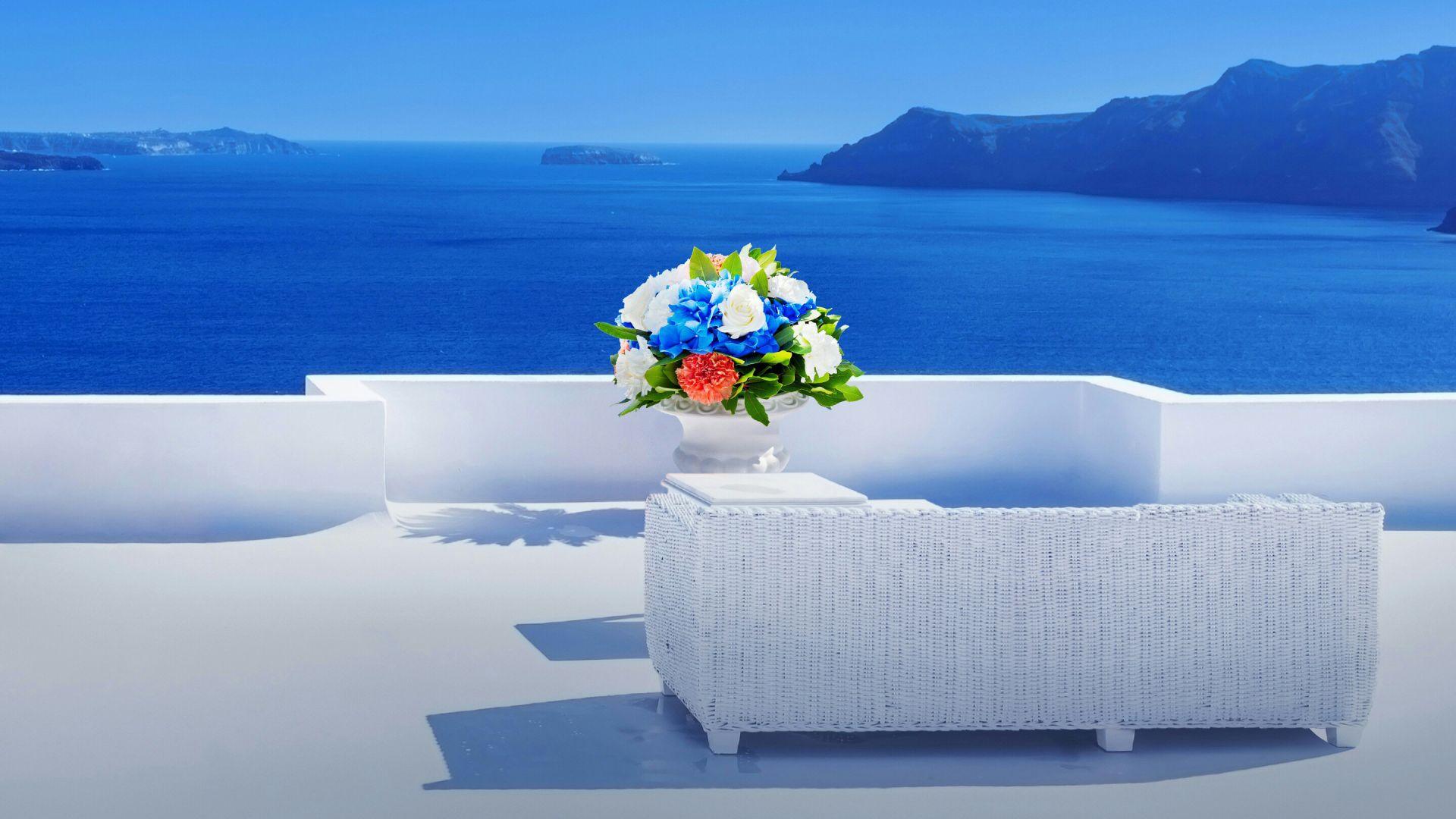 1920x1080 Desktop Wallpaper Beautiful Flowers, Vase At Beach, Sofa, HD Image, Picture, Background, Unt26h