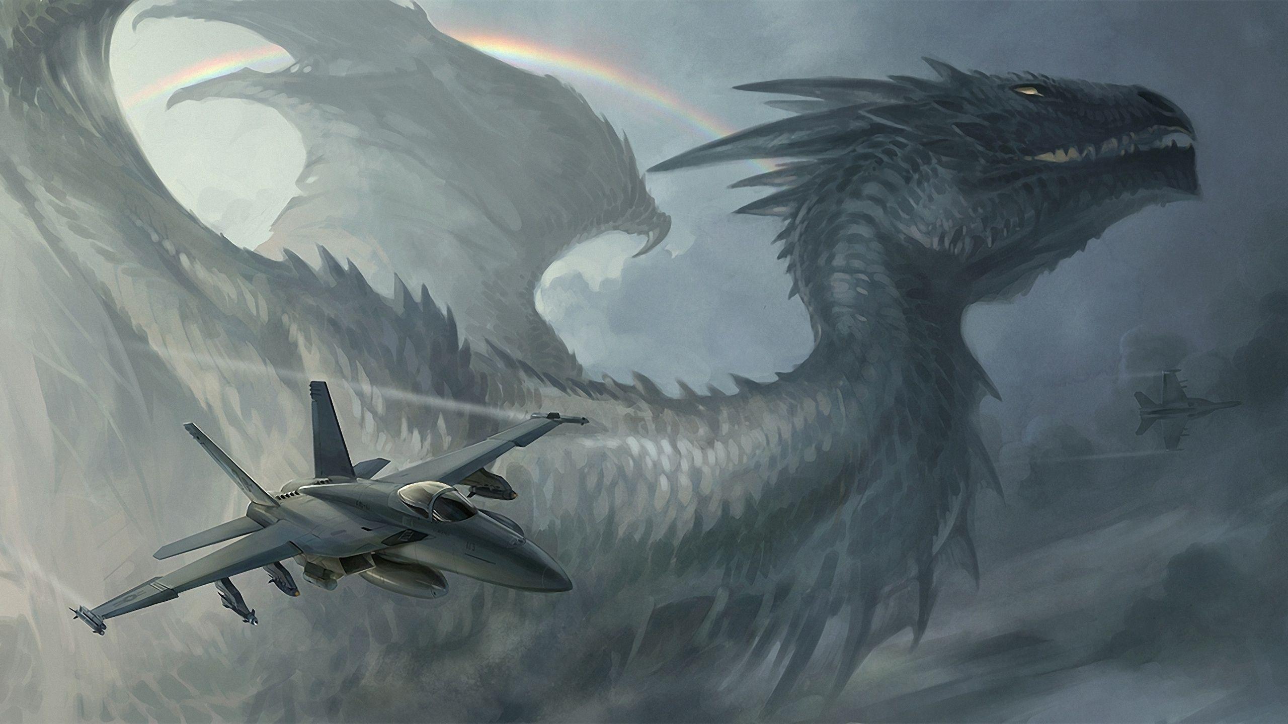 2560x1440 Wallpaper of The Dragon, Aircraft, Rainbow, Rocket, Sky Desktop