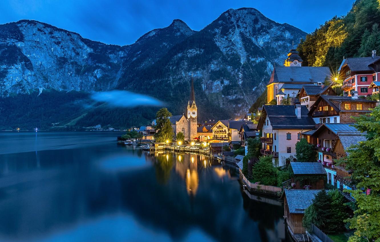 1332x850 Wallpaper mountains, lights, lake, the evening, Austria, Alps, Salzkammergut, Hallstatt image for desktop, section город
