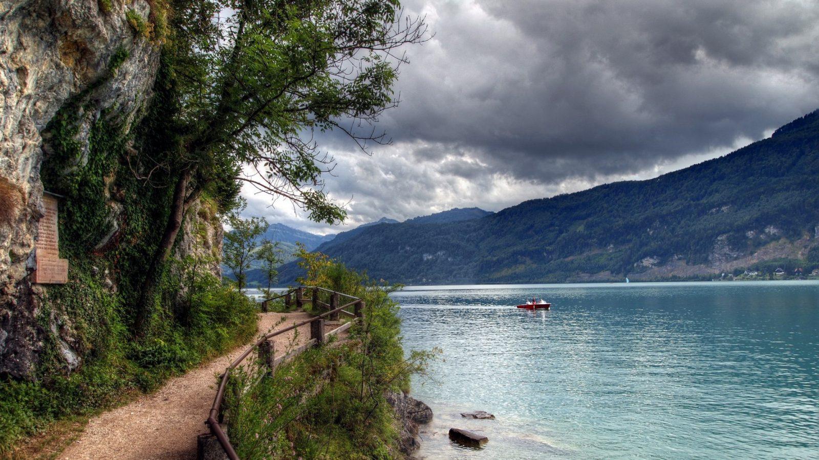1600x900 Lake Wolfgangsee, Salzkammergut, Austria wallpaper download. Wallpaper, picture, photo
