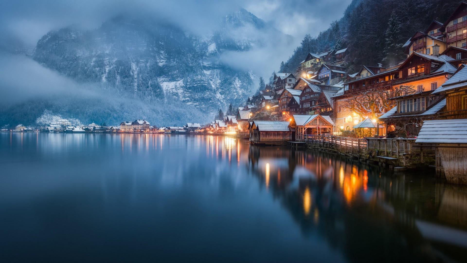 1920x1080 Bad Goisern Hallstätter See Lake In Salzkammergut Austria Night Landscape Desktop HD Wallpaper For Pc Tablet And Mobile 3840x2160 :