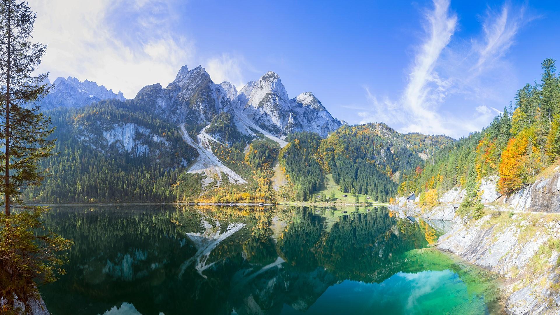 1920x1080 Gosausee nature reserve in autumn, Gosau, Dachstein, Salzkammergut, Austria. Windows 10 Spotlight Image