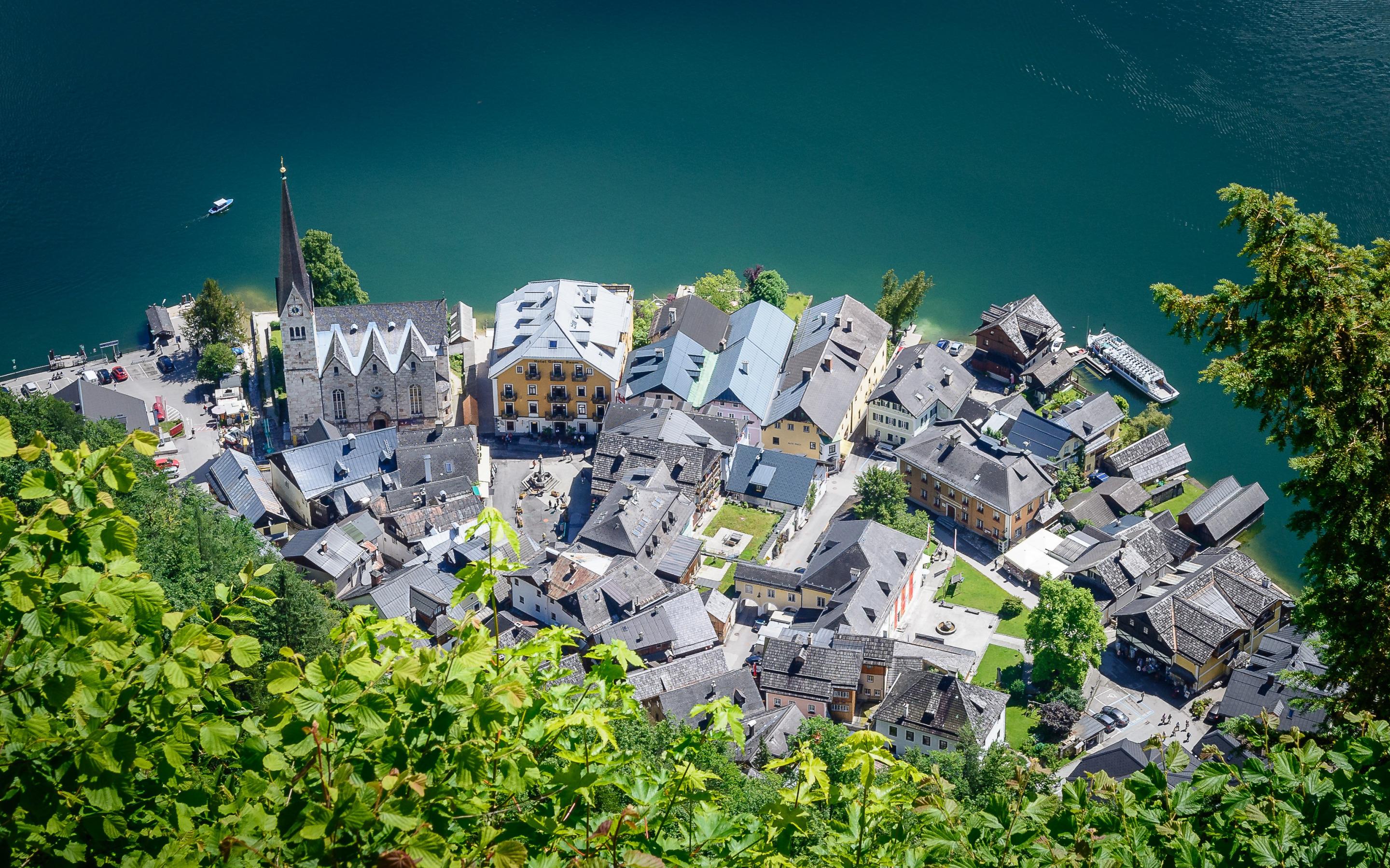 2880x1800 Download wallpaper Hallstatt, view from above, aerial view, summer, cityscape, chapel, mountain lake, Salzkammergut, Austria for desktop with resolution 2880x1800. High Quality HD picture wallpaper