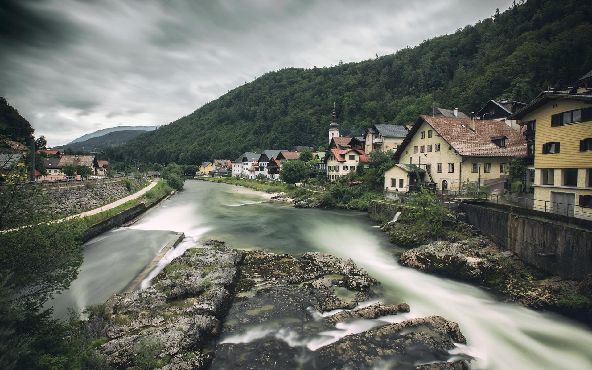 1920x1200 Download wallpaper Hallstatt, river, forest, mountain landscape, green trees, Salzkammergut, Austria for desktop with resolution 1920x1200. High Quality HD picture wallpaper
