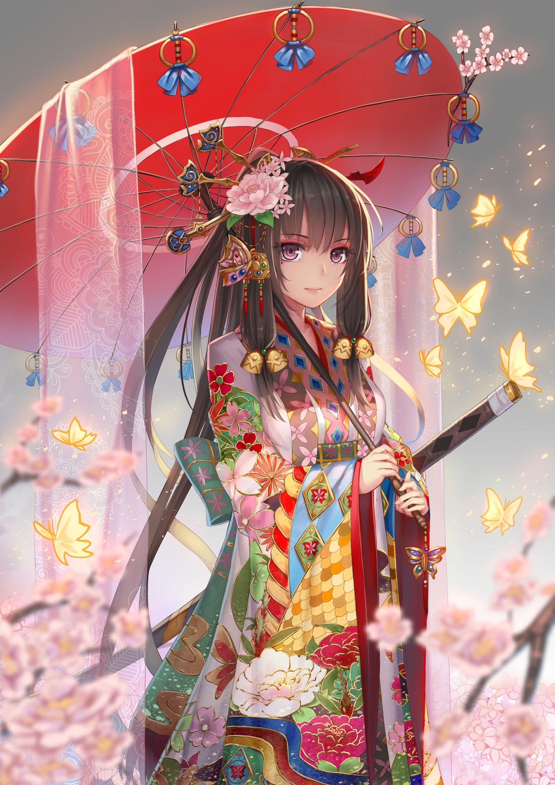 1860x2630 Anime Girl Kimono And Weapon Wallpaper