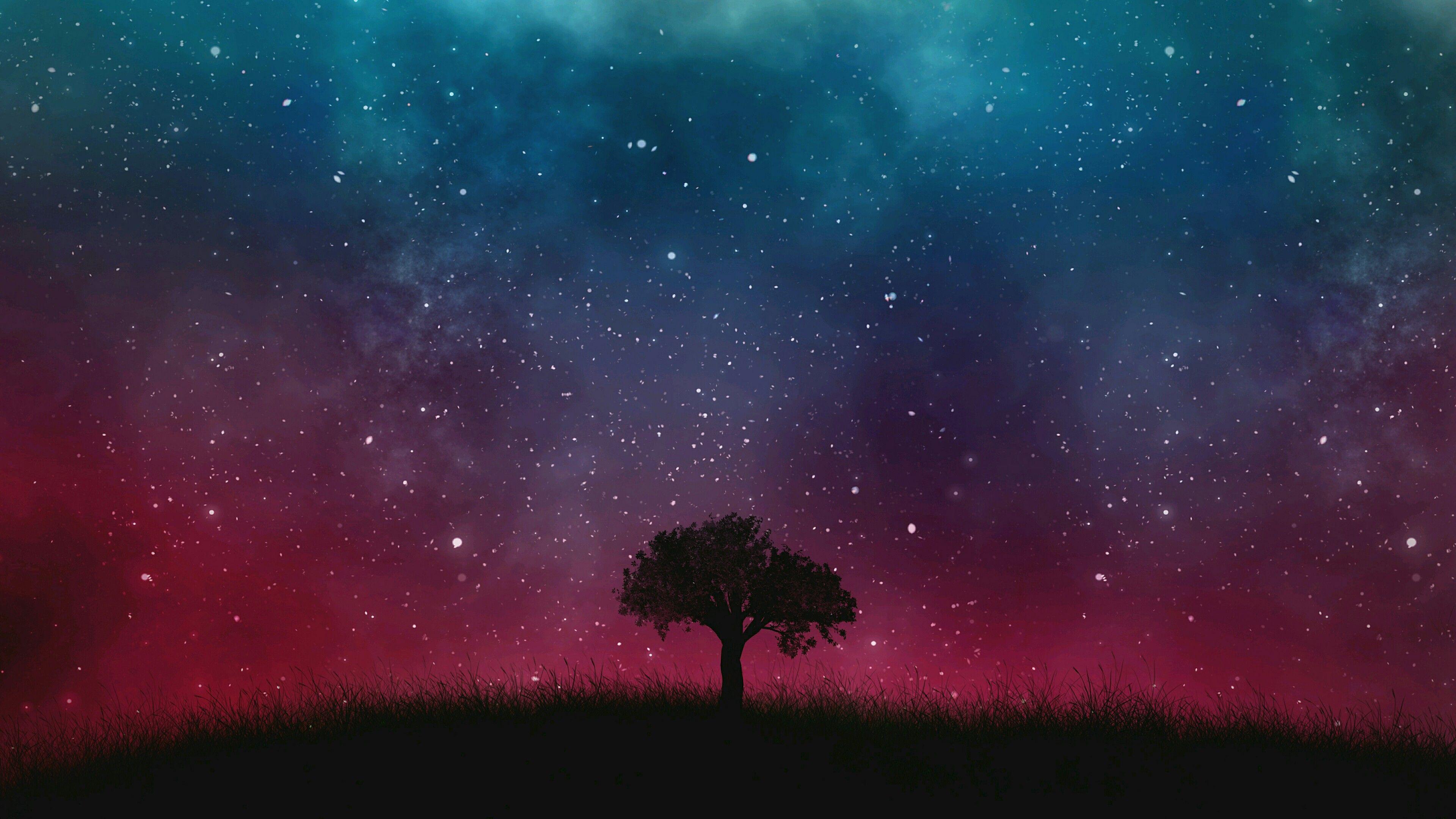3840x2160 Lone Tree Under The Starry Sky Art Wallpaper. Wallpaper