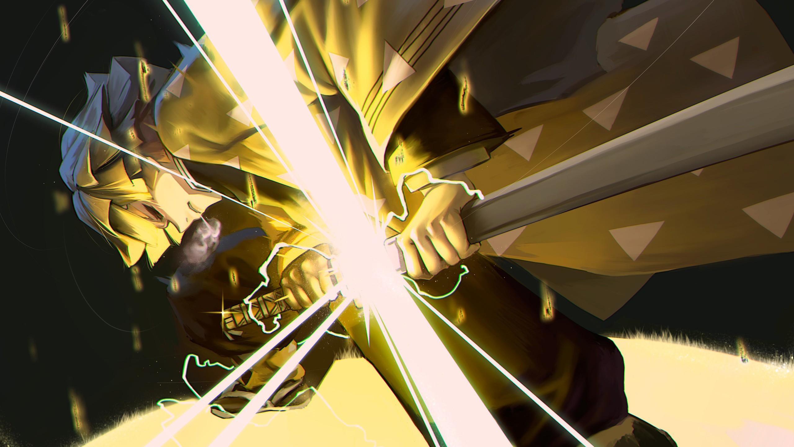 2560x1440 Demon Slayer Zenitsu Agatsuma With Yellow Dress Having Lightning Sword HD Anime Wallpaper