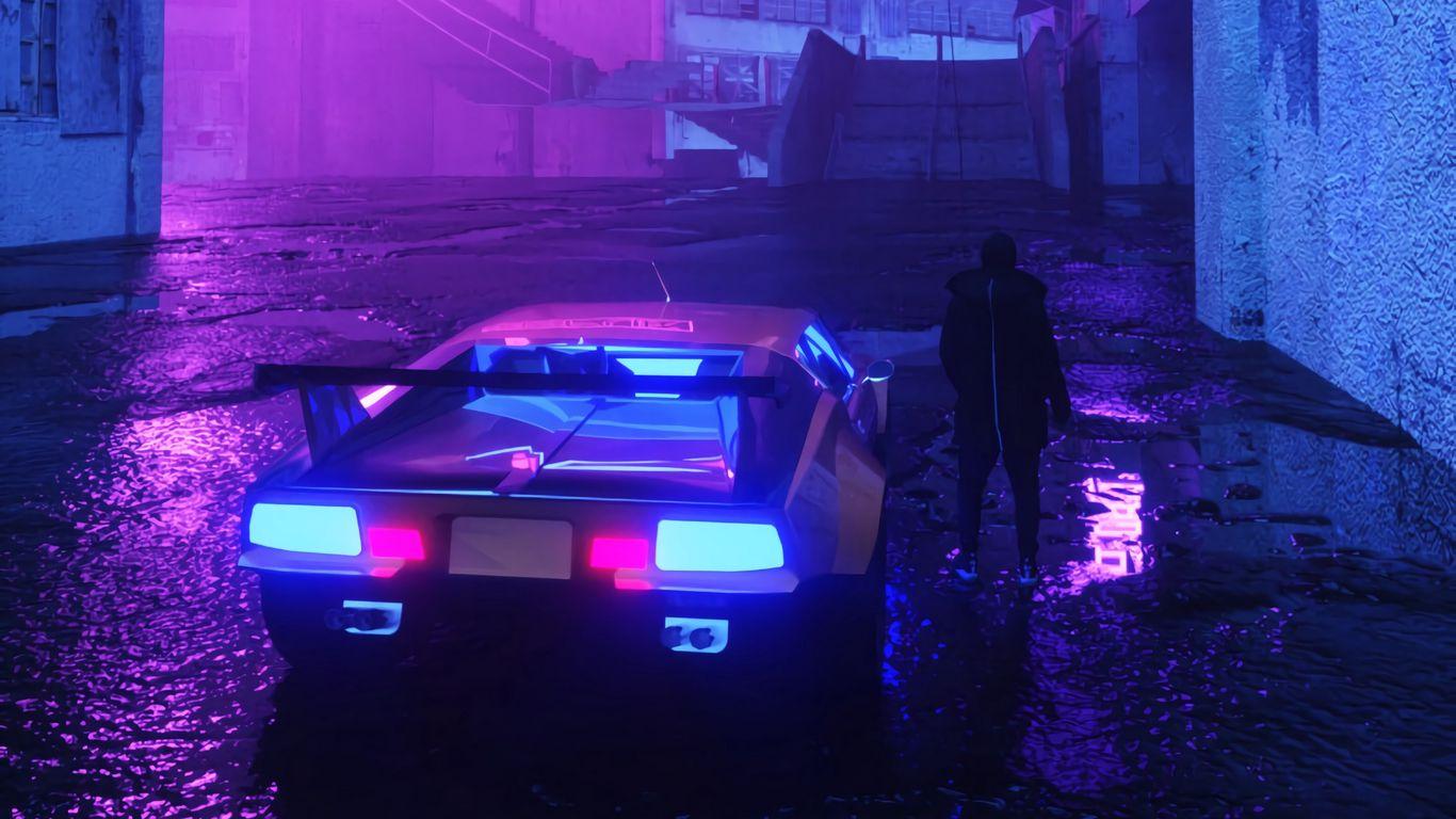 1366x768 Download wallpaper 1366x768 neon, car, silhouette, street, night tablet, laptop HD background