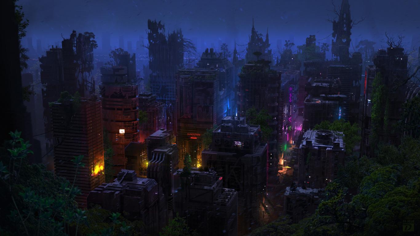 1366x768 Download Neon, city, dark, buildings wallpaper, 1366x Tablet, laptop