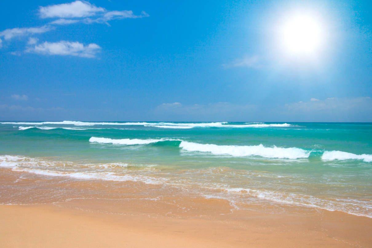 1210x807 Beautiful Ocean Beach Scene on a Bright Day.. Beach scene image, Beach scenes, Beach artwork