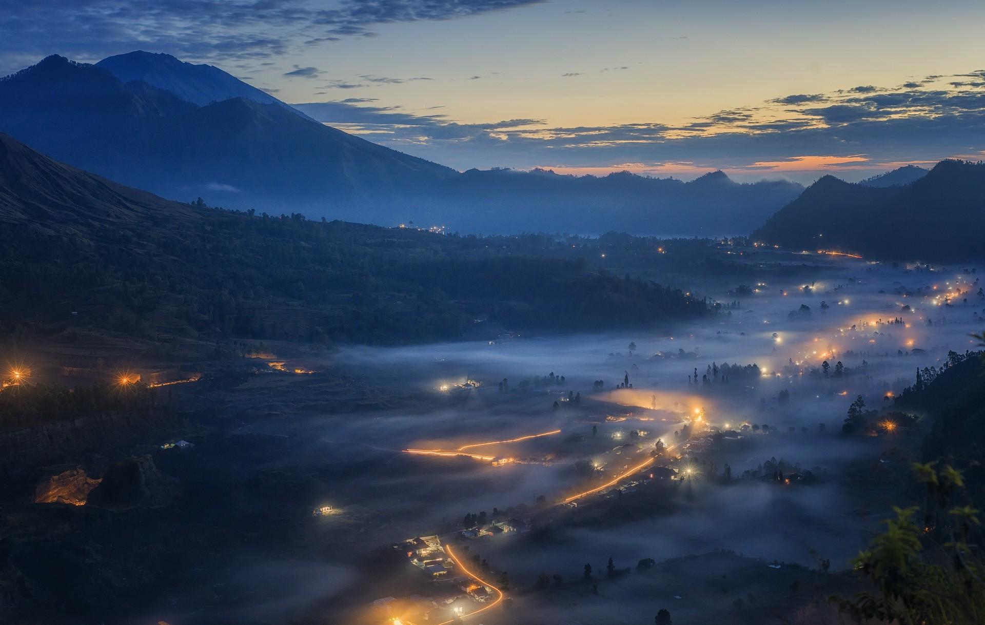 1920x1218 cityscape, Mountain, Lights, Sunrise, Blue, Clouds, Nature, Mist, Landscape Wallpaper HD / Desktop and Mobile Background
