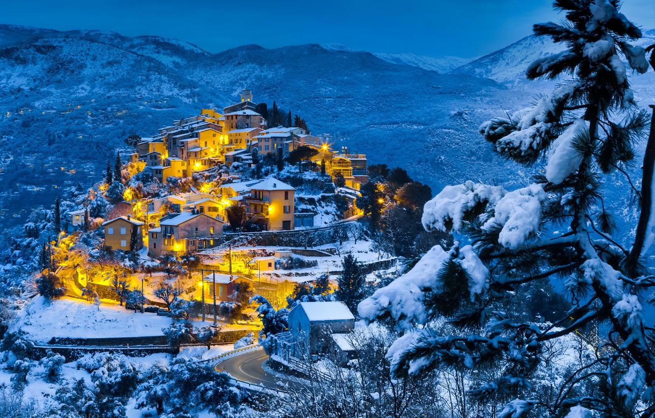 1332x850 Wallpaper winter, forest, snow, mountains, lights, the evening, twilight, the village image for desktop, section пейзажи