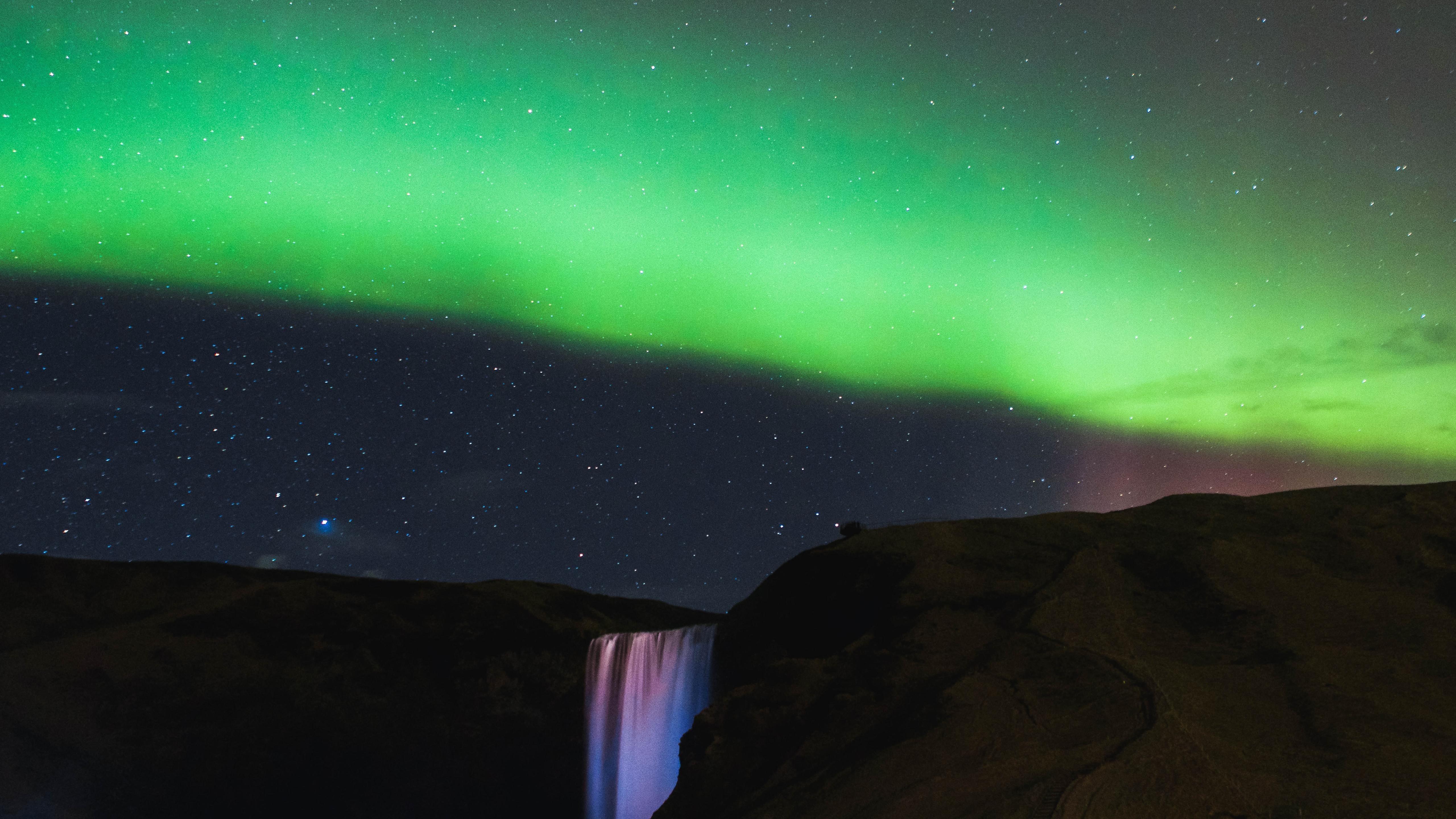 5120x2880 northern lights waterfall mountains 5k Mac Wallpaper Download