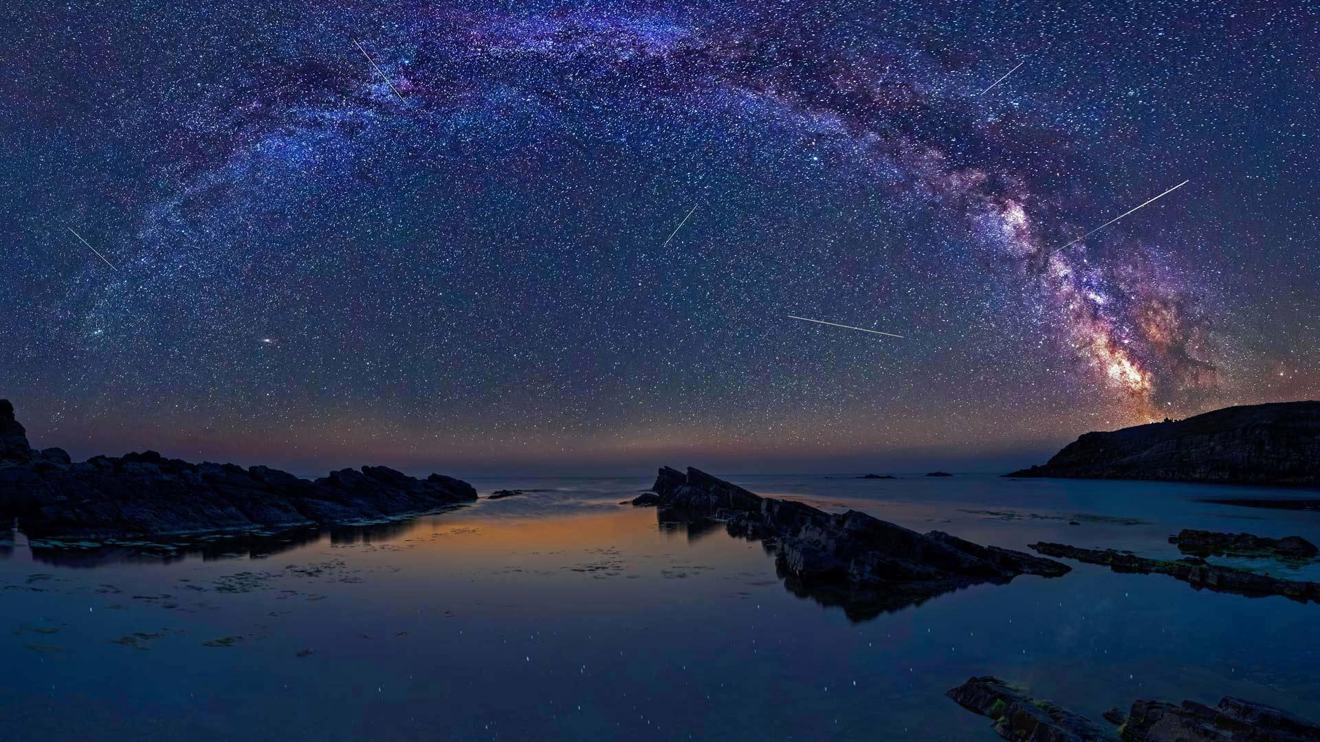 1920x1080 1920x1080 Stars, Night, Horizon, Ocean, Starry Sky wallpaper JPG