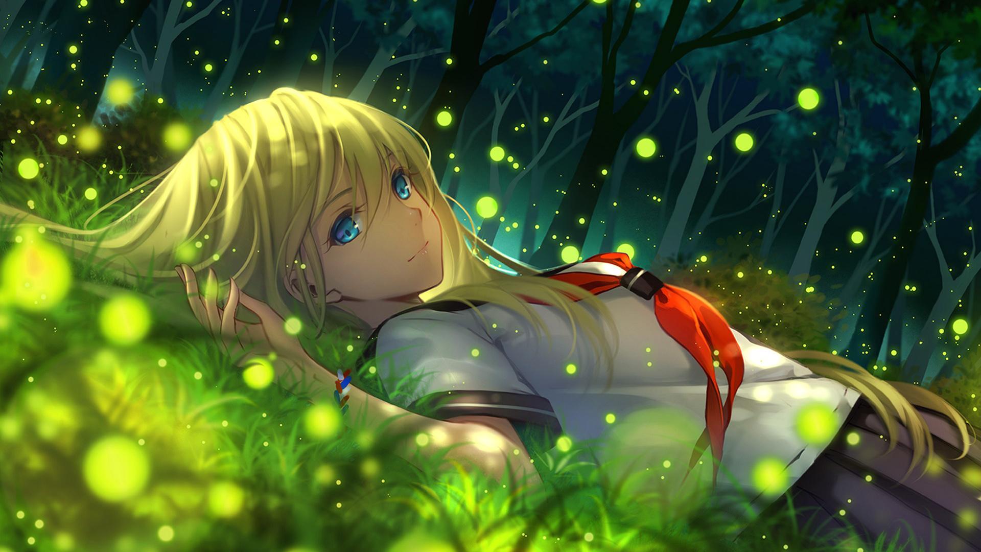 1920x1080 Girl, blue eyes, smile, firefly, forest, night, cute anime girls picture desktop wallpaper