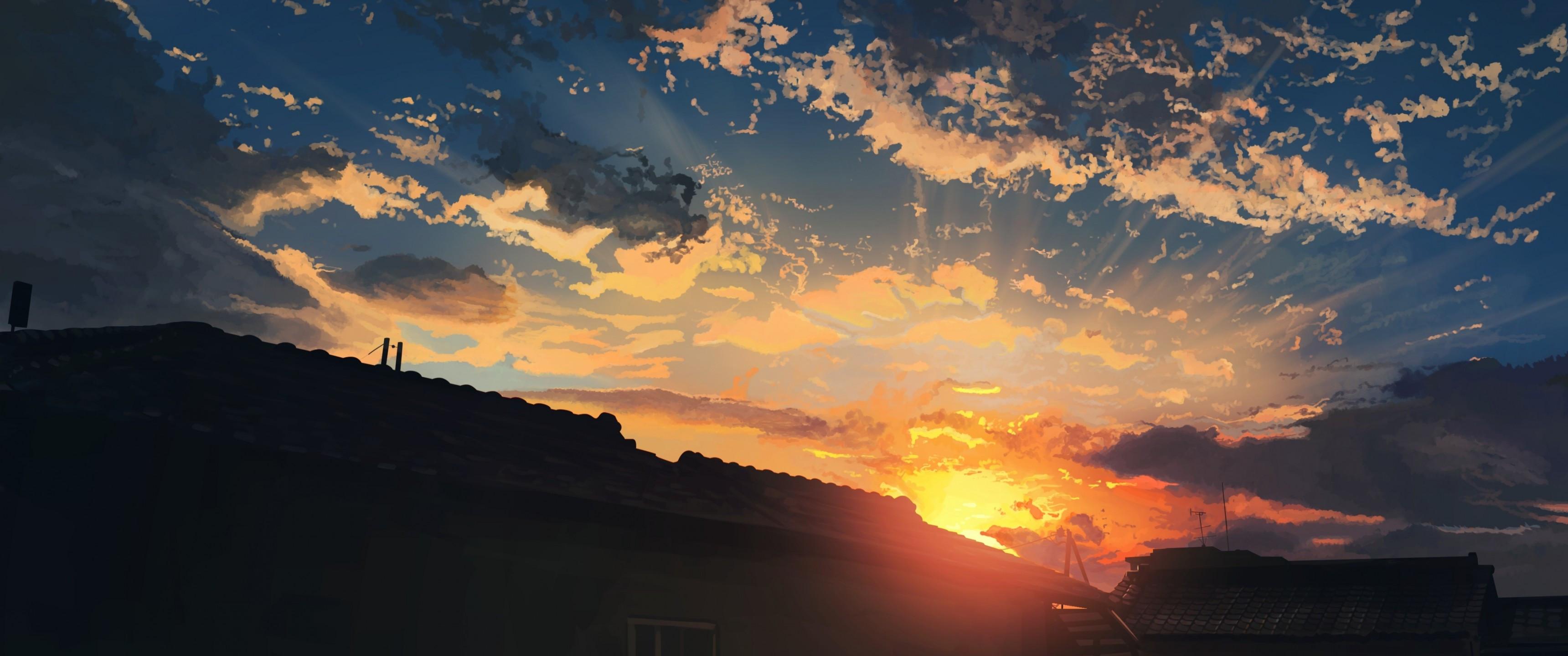 3440x1440 Download 3440x1440 Anime Landscape, Sunset, House, Clouds, Sky, Scenic Wallpaper