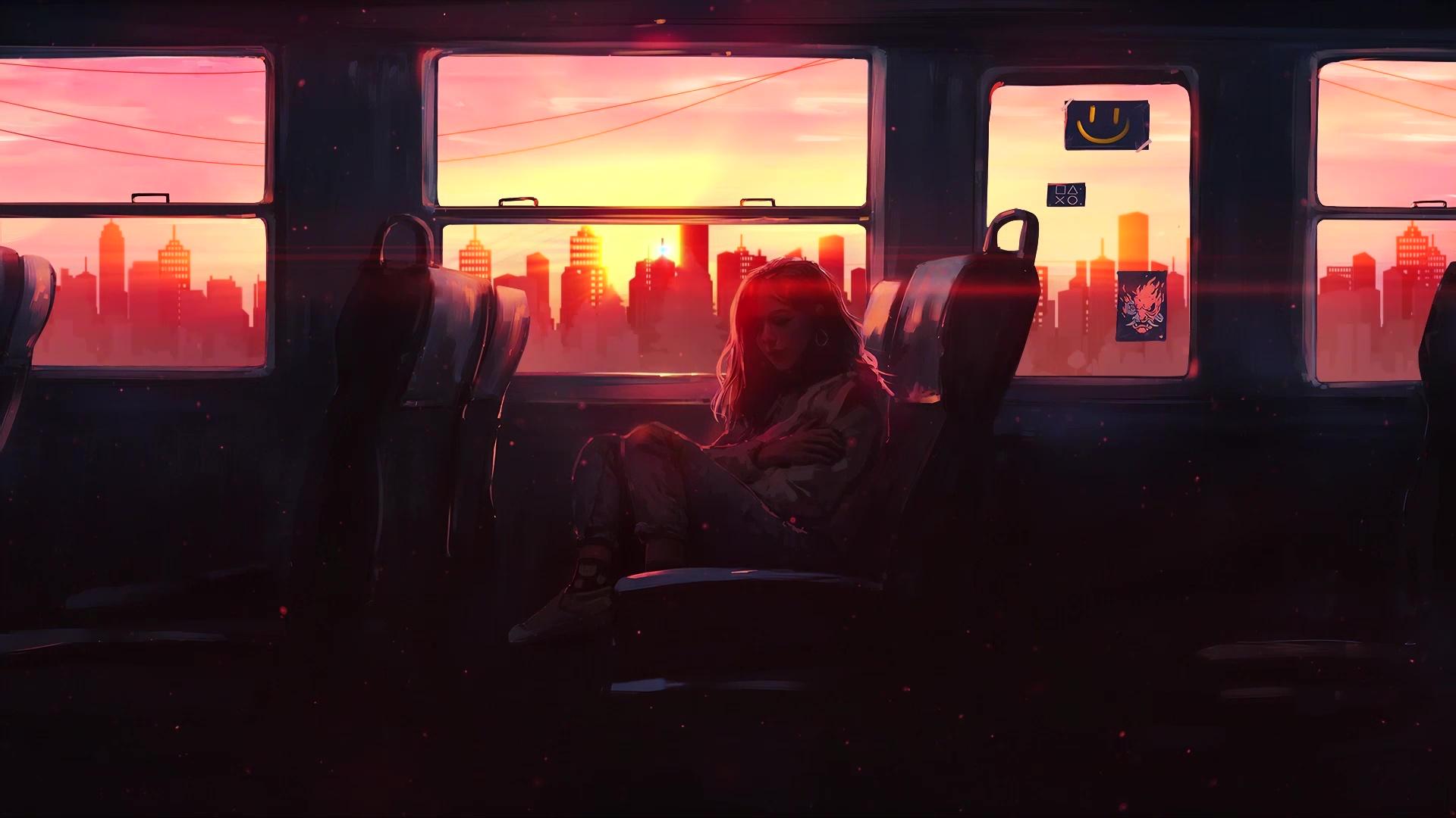 1920x1080 Anime Girl & Boy on Train while sunset Live Wallpaper