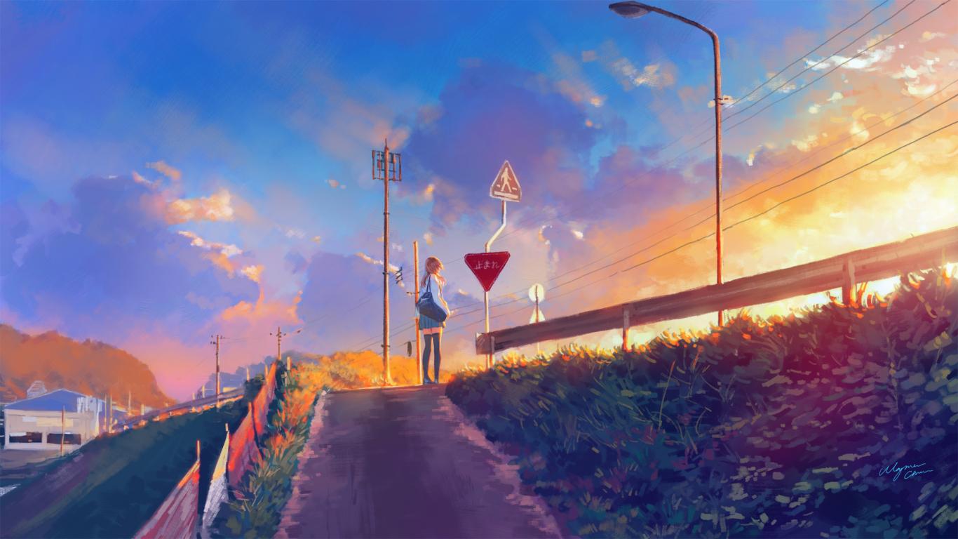1366x768 Download 1366x768 wallpaper sunset, pathway, anime girl, original, tablet, laptop, 1366x768 HD image, background, 7311