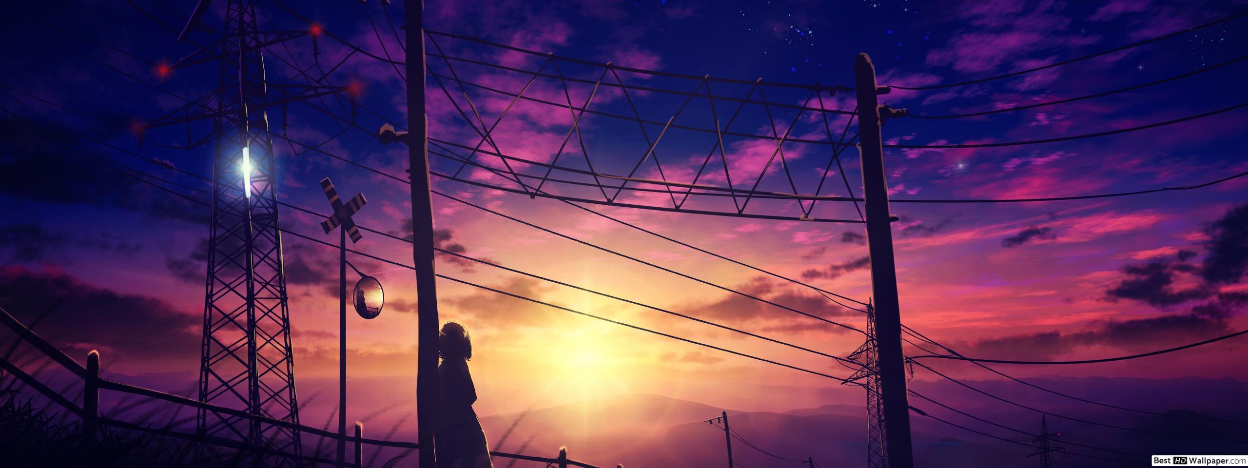 2560x960 Sunset Anime Scenery HD wallpaper download
