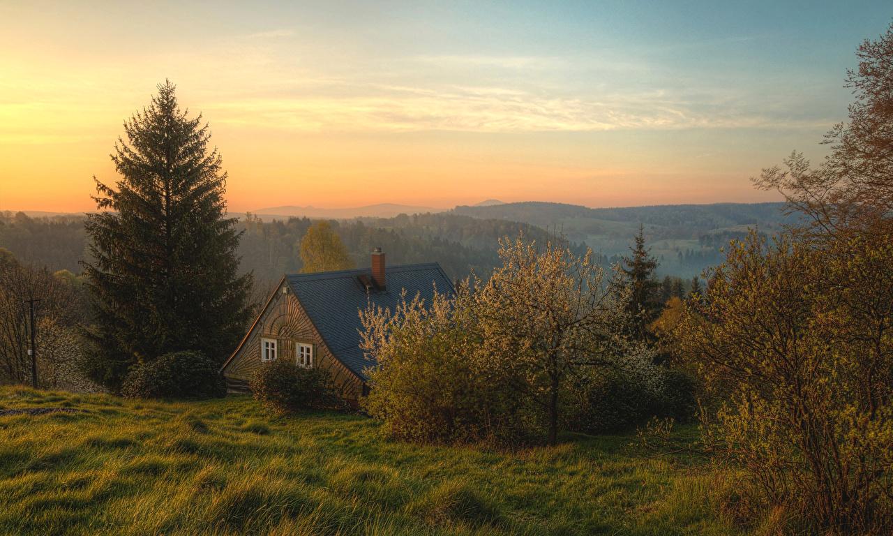 1280x768 Wallpaper Switzerland Bohemian Spruce Nature Sky Grass Trees Houses