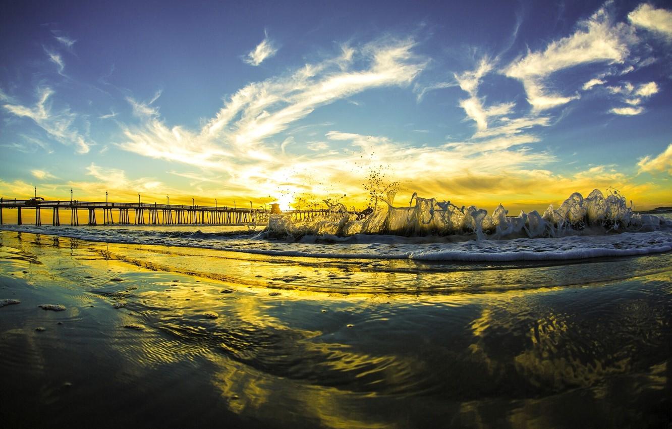1332x850 Wallpaper the sky, clouds, sunset, bridge, the ocean, wave, CA, Pacific Ocean, California, San Diego, The Pacific ocean, San Diego image for desktop, section пейзажи