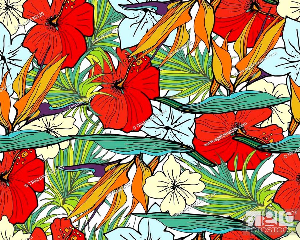 1050x840 Tropical Pattern. Seamless Background With Palm Leaves, And Tropical Flowers, Stock Vector, Vector And Low Budget Royalty Free Image. Pic. ESY 045635130