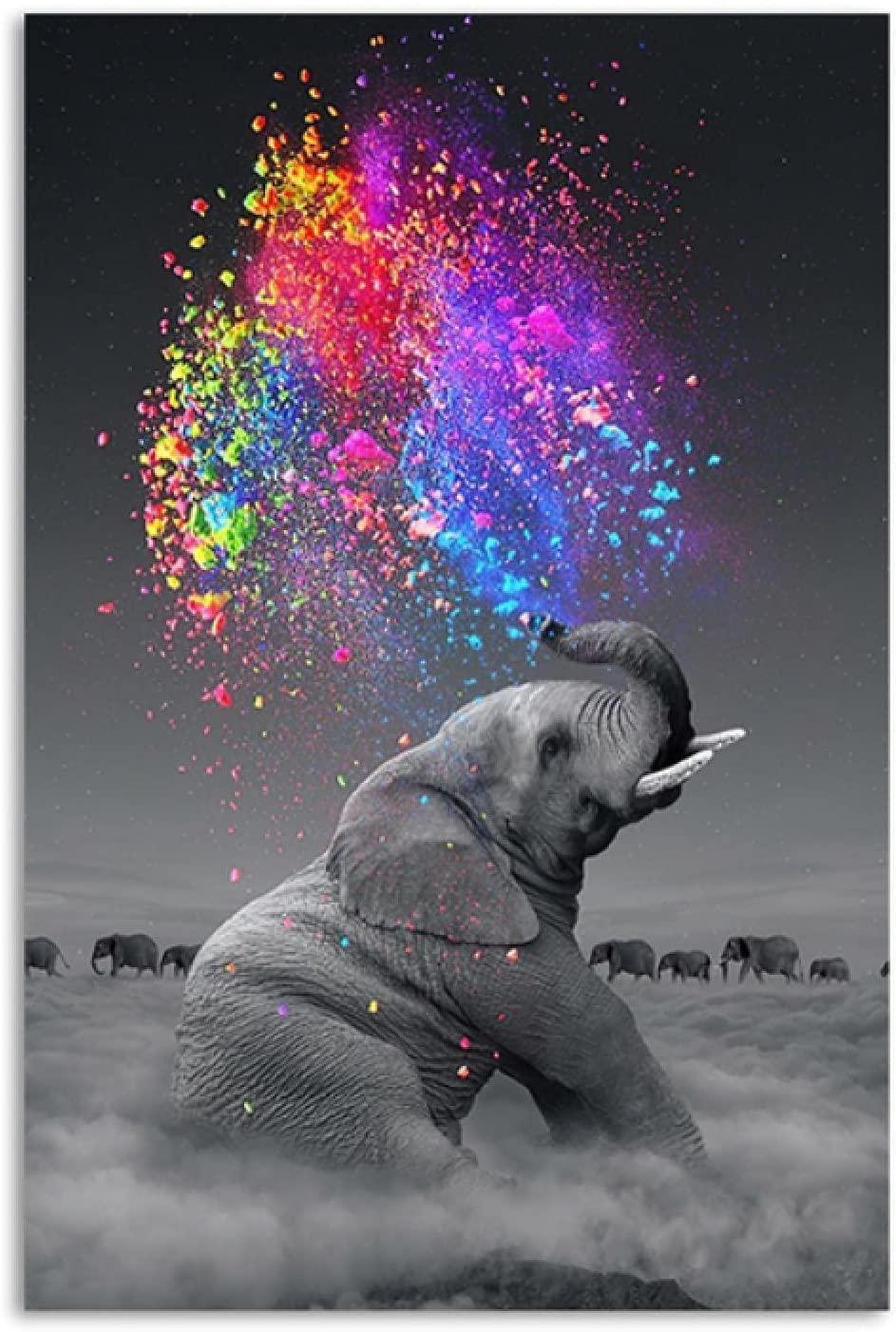 943x1402 Print On Canvas，Modern Animal Canvas Poster Elephant Colorful Oil Painting Wall Art Picture for Living Room No Frame: Posters & Prints