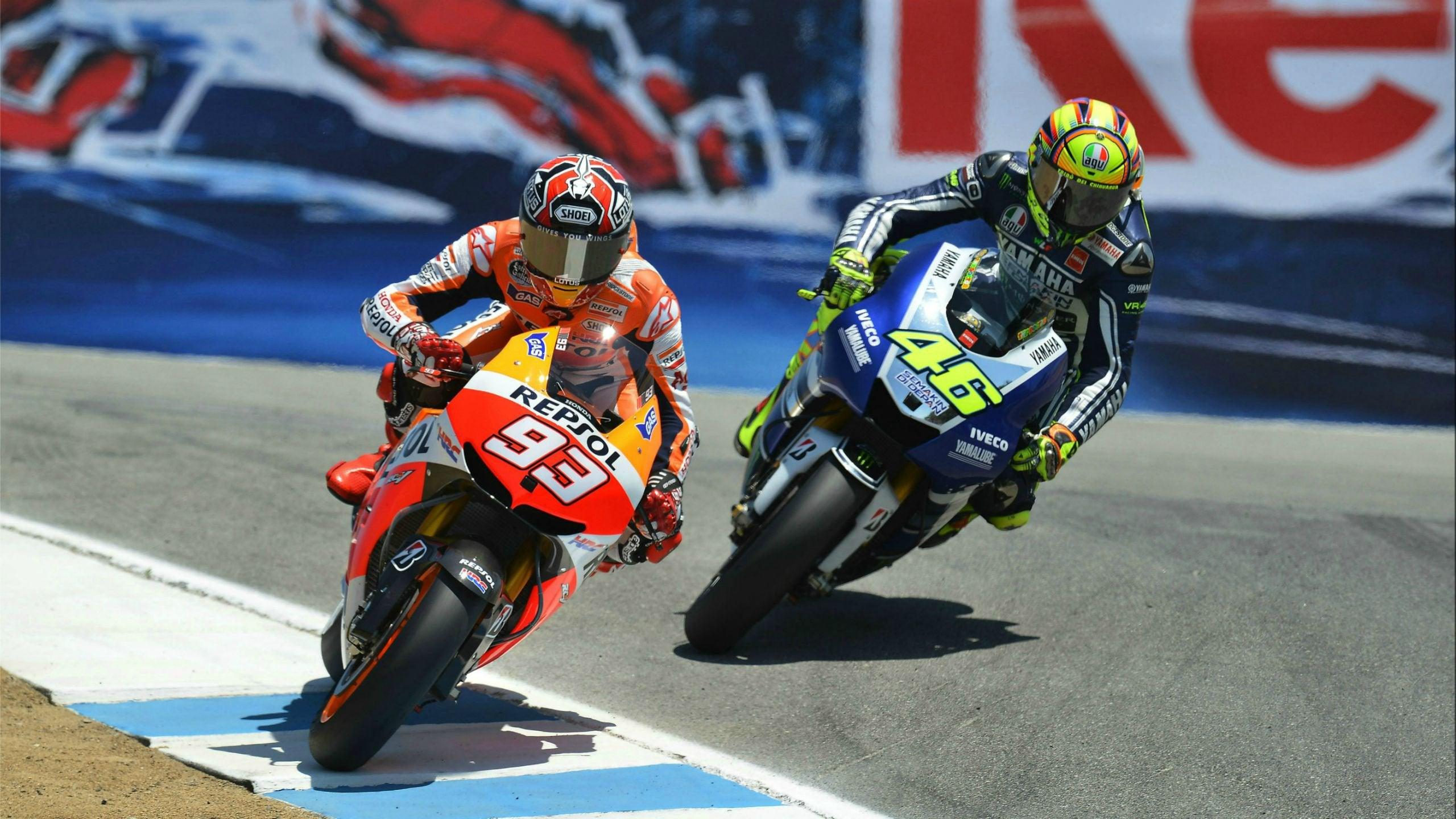 2560x1440 Marc Marquez Vs. Valentino Rossi At Laguna Seca [2560x1440] (x Post R Topwalls): Wallpaper