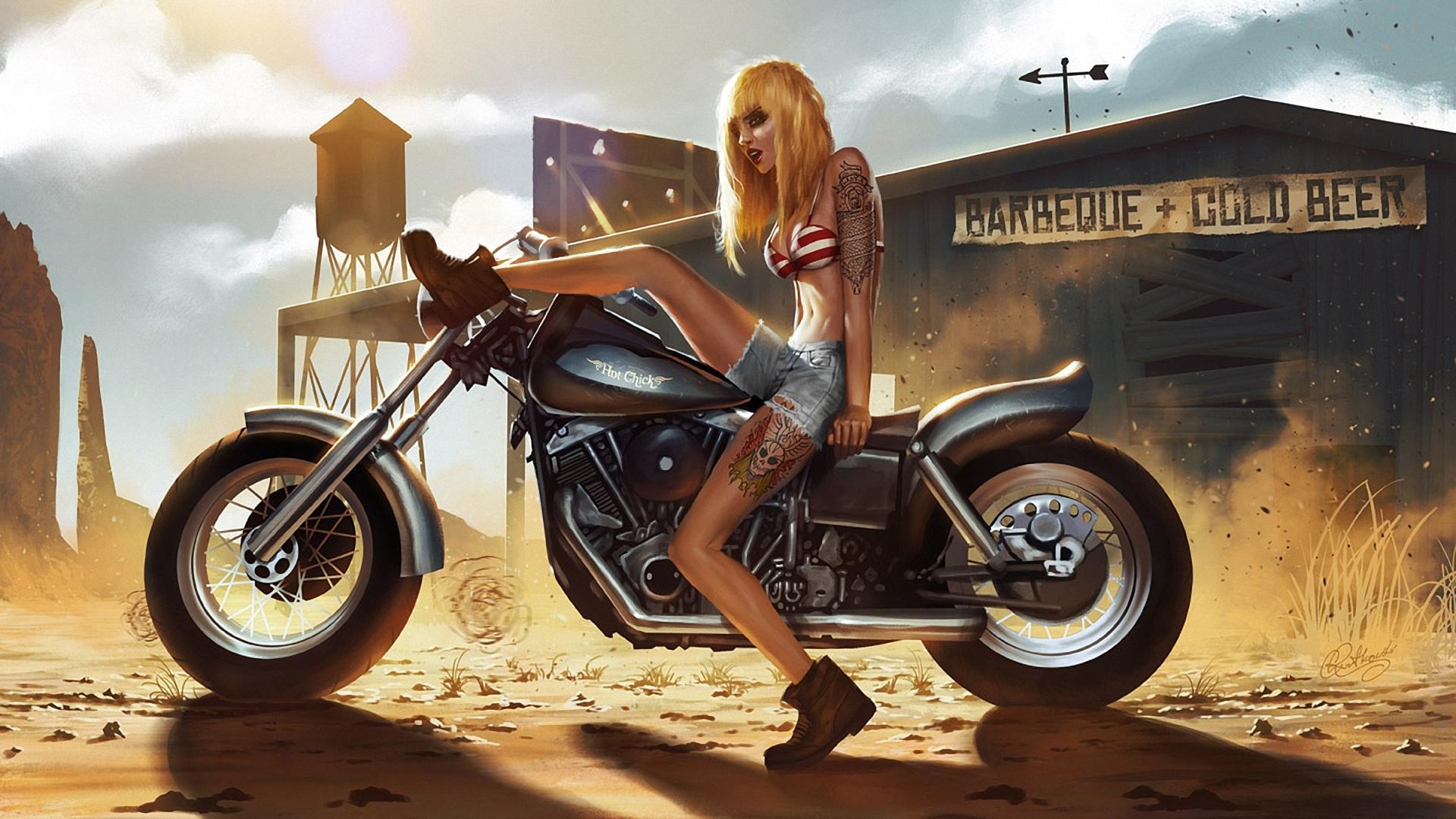 1920x1080 art, Girl, Motorcycle, Tattoo, Tattoos, Dust, Sand, Anger, Women, Females, , Babes, Mood, Biker, Blondes, Legs Wallpaper HD / Desktop and Mobile Background