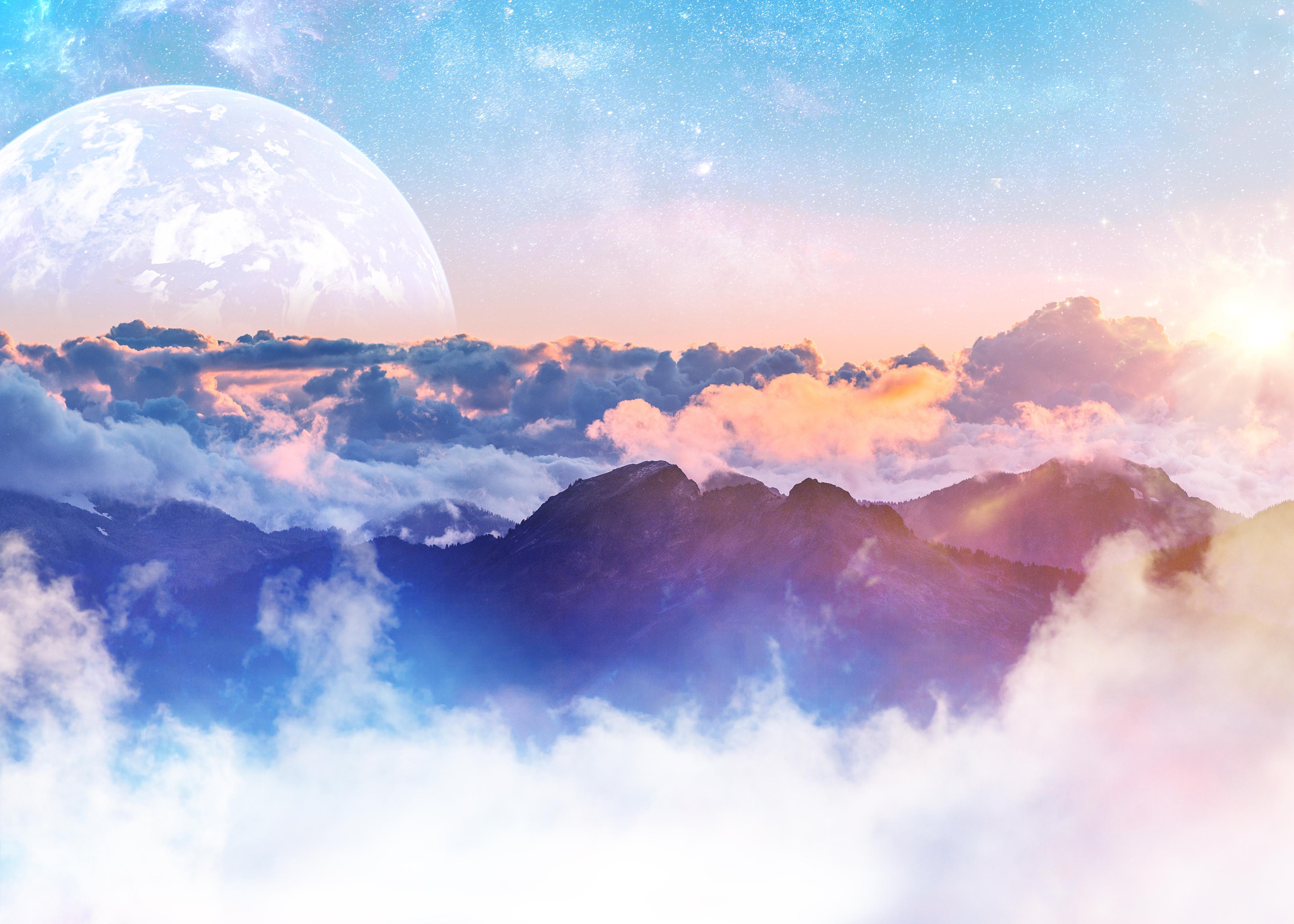 4060x2900 Above clouds Wallpaper 4K, Moon, Planet, Mountains, Clouds, Sunny day, Nature