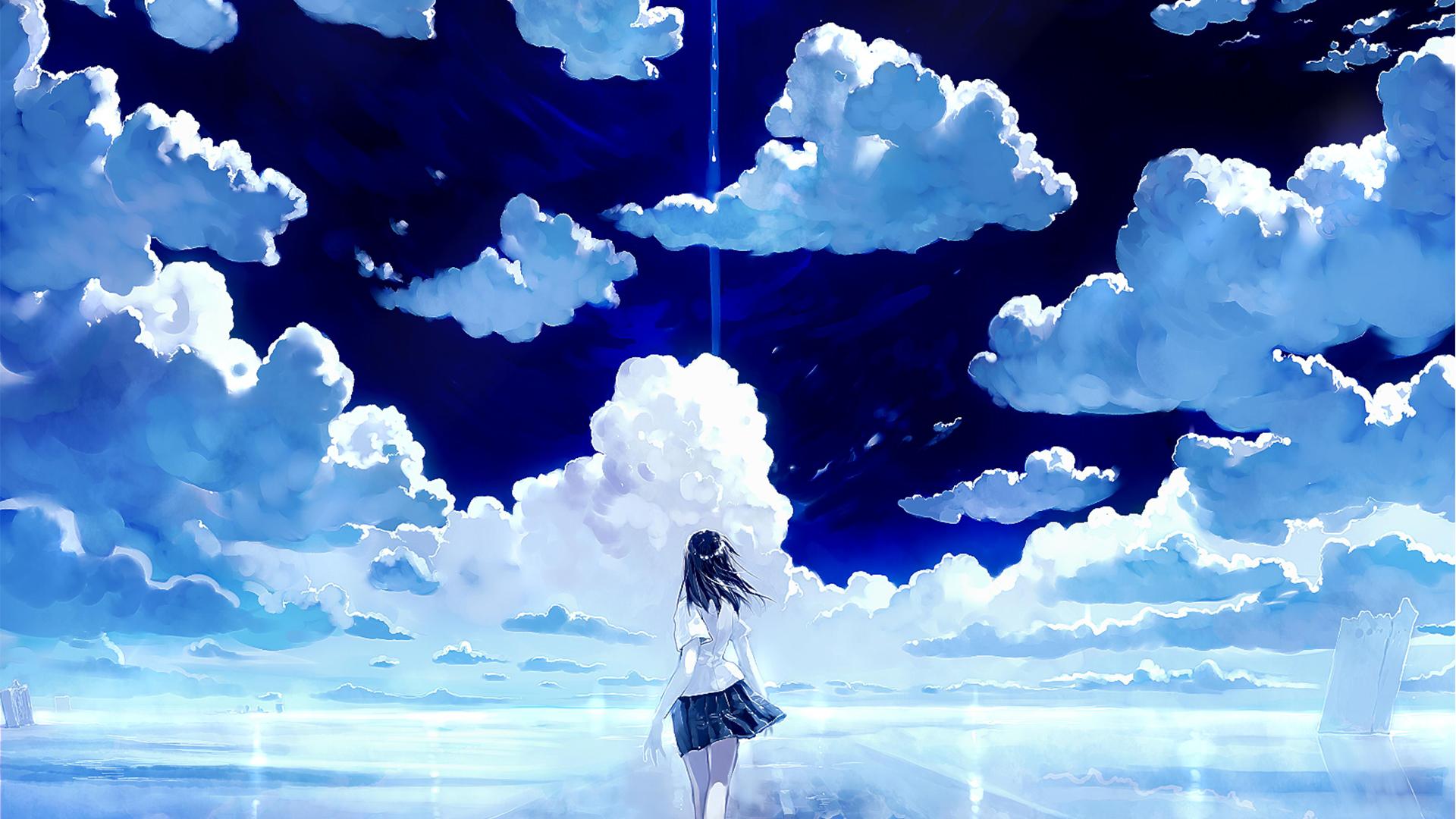 1920x1080 Download Sunny day, clouds, original, anime girl wallpaper, 1920x Full HD, HDTV, FHD, 1080p