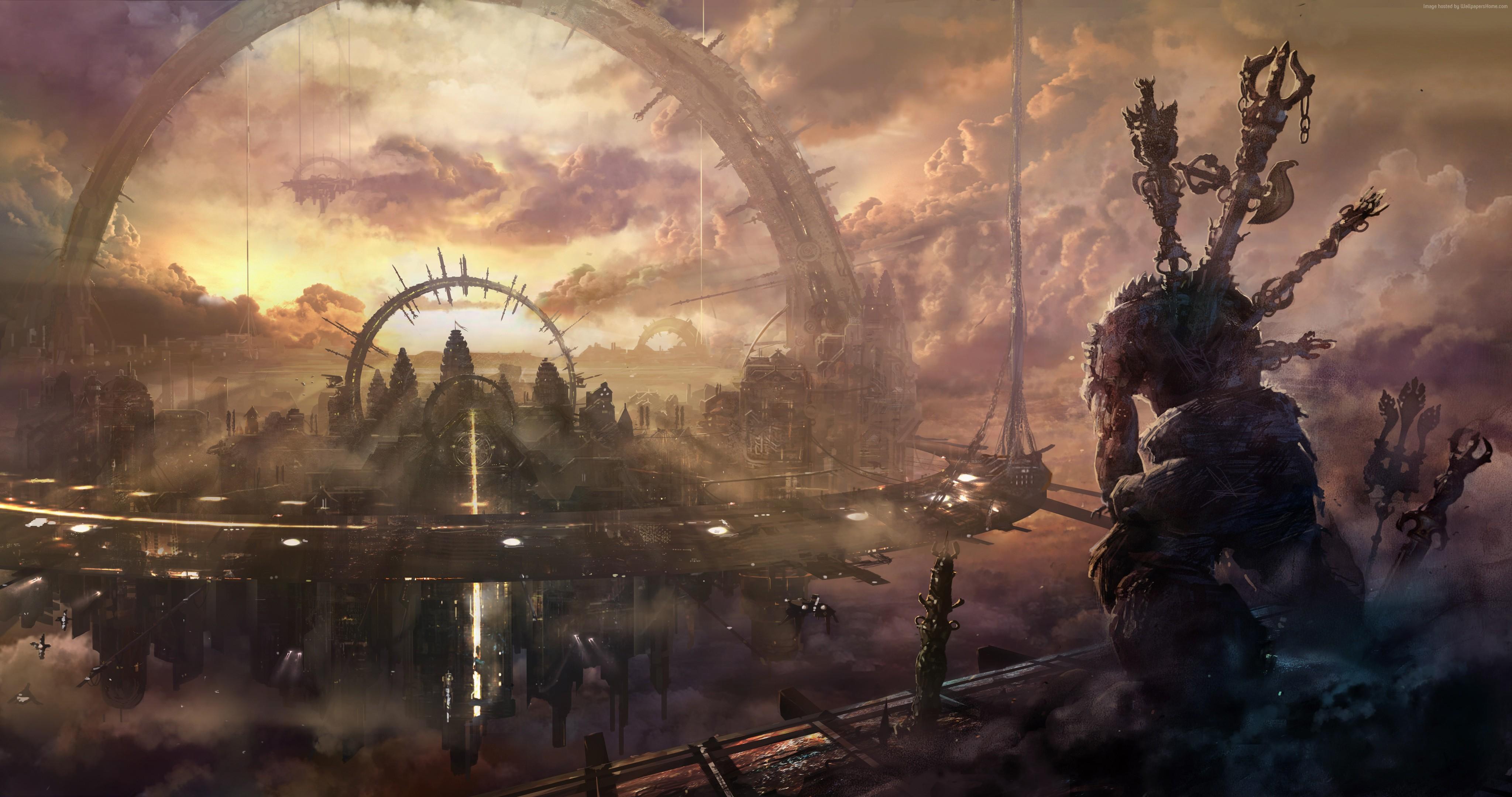 4096x2160 #Heaven, #building, #clouds, #future, #arch, #sky, #monster, #sunset, #sci Fi, #city, #art, #fantasy, #space Station. Mocah HD Wallpaper