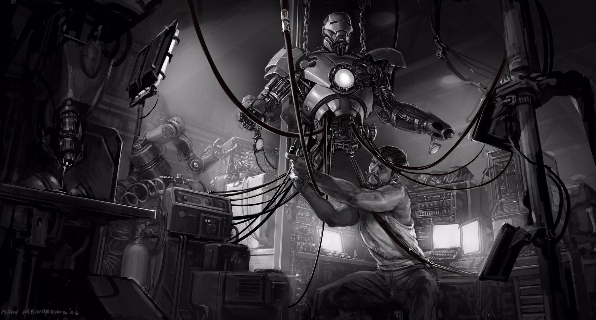 2048x1100 Ryan Meinerding - #tbt to the first #IronMan movie. This is an idea I had for what Tony Stark could be doing in his garage. I've fond memories from this show