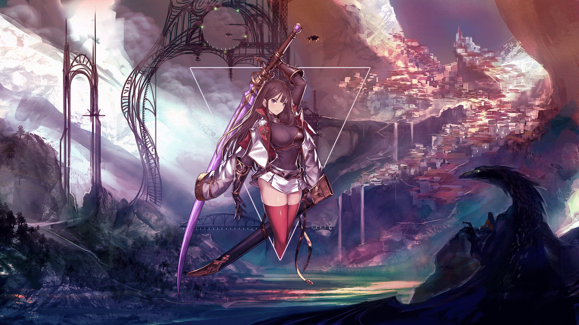 1920x1080 Anime Anime Girls Sword Katana Photohop Digital Art Picture In Picture Abstract Landscape Triangle Wallpaper:1920x1080